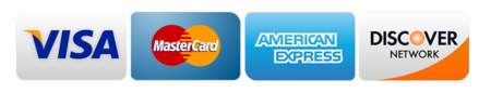 Credit card logos: Visa, MasterCard, AmEx, Discover.