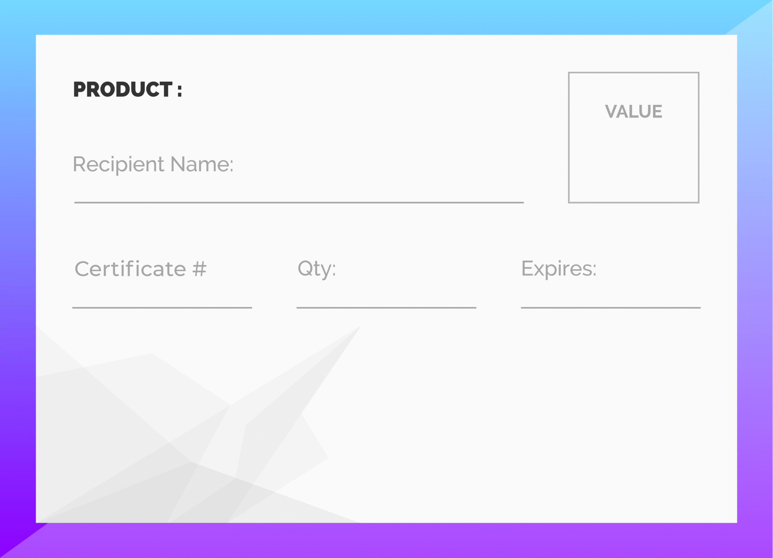Certificate template with recipient and product details.